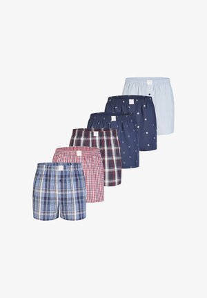 Herreboxershorts i forskellige designs: ternet, ruteformet, ensfarvet blå og mønstret. Farverne inkluderer marineblå, lyseblå, rød og hvid.