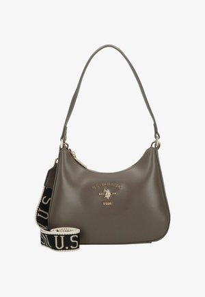 Borsa sintetica grigia dalla forma curva, dettaglio logo in oro e tracolla decorata con il testo "U.S. Polo Assn." in nero e crema.