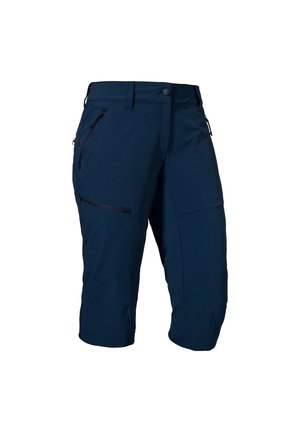 Marineblaue Outdoor-Shorts aus strapazierfähigem Material, mit einer zipbaren Tasche, geradem Schnitt und verstärkten Nähten für zusätzliche Stabilität.