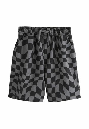 Schwarz-graue kariert elastische Taillen-Shorts mit Kordelzug und Vordertaschen, mit einem wellenförmigen Muster auf dem Stoff.