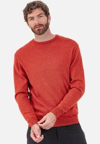 Pull rouge avec un col rond et des manches longues, confectionné dans un tissu doux et texturé. Poignets et ourlet côtelés. Coupe décontractée.