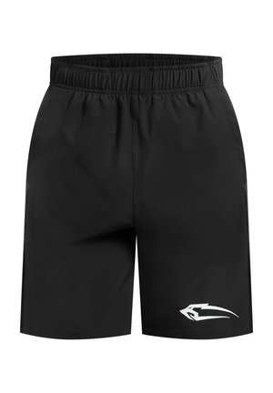 Schwarze Sport-Shorts aus leichtem Material, mit einem elastischen Bund und einem weißen Logo-Detail an der Seite.