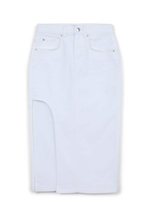 Weißer Denim-Rock, knielang, mit geradem Schnitt. Verfügt über vordere Taschen, einen Schlitz vorne, eine Metallknopfverschlüsse und silberfarbene Beschläge.
