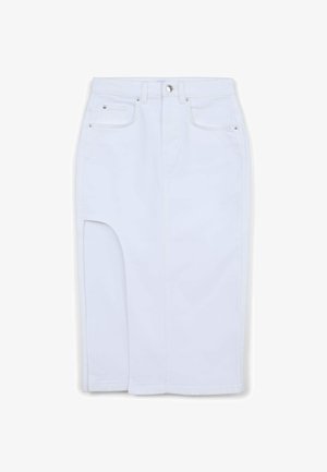 Weißer Denim-Rock, knielang, mit geradem Schnitt. Verfügt über vordere Taschen, einen Schlitz vorne, eine Metallknopfverschlüsse und silberfarbene Beschläge.