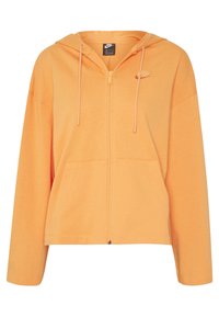 Oranssi vetoketjullinen huppari, jossa on huppu, etutaskut ja pitkät hihat. Vasemmassa rinnassa on pieni Nike-logo, ja se on valmistettu pehmeästä materiaalista.