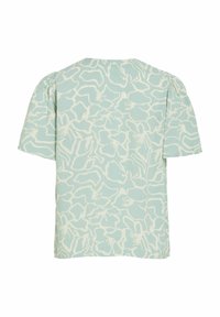 Blusa a maniche corte di colore azzurro con motivo floreale astratto bianco e maniche leggermente gonfie, vista da dietro.