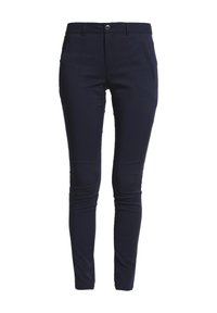 Marineblaue, eng anliegende Hose mit glatter Textur, ausgestattet mit einem vorderen Knopfverschluss und schrägen Taschen an den Hüften.