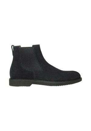 Stivale Chelsea in suede nero con pannelli elasticizzati ai lati, linguetta sul tallone e suola in gomma piatta.