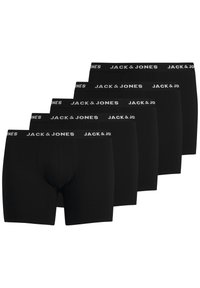 Schwarze Boxershorts im Fünferpack. Aus glattem Stoff gefertigt. Mit einem weichen, elastischen Bund, der mit "JACK & JONES" in Weiß bedruckt ist.