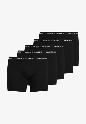 Caleçons boxers noirs en pack de cinq. Fabriqués en tissu doux. Dotés d'une ceinture élastique douce avec le logo "JACK & JONES" en blanc.