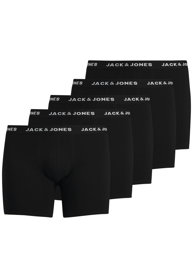 Schwarze Boxershorts im Fünferpack. Aus glattem Stoff gefertigt. Mit einem weichen, elastischen Bund, der mit "JACK & JONES" in Weiß bedruckt ist.