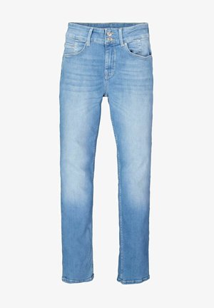 Vaqueros de denim azul claro con corte recto, que cuentan con cinco bolsillos, cierre de botón y ligeros detalles de desgaste en la parte delantera.