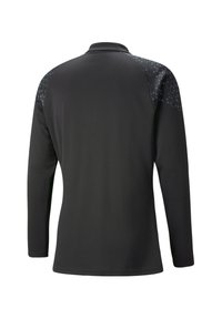 Zwarte lange mouwen shirt met een kraag, textuurstof en gestructureerde zwarte accenten op de schouders. Gladde afwerking, slim fit ontwerp.