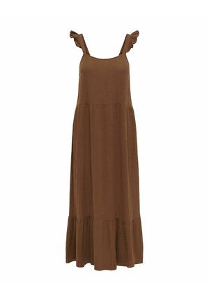 Robe midi marron sans manches avec bretelles à volants aux épaules et ourlet évasé, fabriquée en tissu léger texturé.