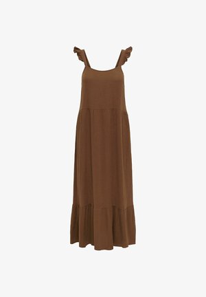 Robe midi marron sans manches avec bretelles à volants aux épaules et ourlet évasé, fabriquée en tissu léger texturé.