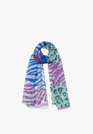 Sjaal met afwisselende blauwe, paarse en groene delen met zebraprint en luipaardvlekkenpatronen, lichtgewicht stof met franjes aan de randen.