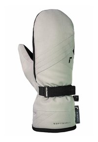Helle graue Softshell-Handschuhe mit schwarzen Akzenten, diagonaler Steppnaht und verstellbarem Riemen. Mit einem Etikett, das "R-TEX XT" für Isolierung zeigt.