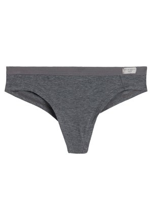 Grijze katoenen stringonderbroek met een zachte textuur, elastische tailleband en minimale stikdetails. Label aan de rechterkant.