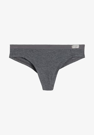 Grå bomuldsstrømpebånd, der har en blød tekstur, elastisk talje og minimale syninger. Etikette på højre side.