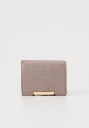 Gray leather wallet with a textured finish, featuring a gold-tone metal clasp and embossed brand name on the front. Compact rectangular shape.