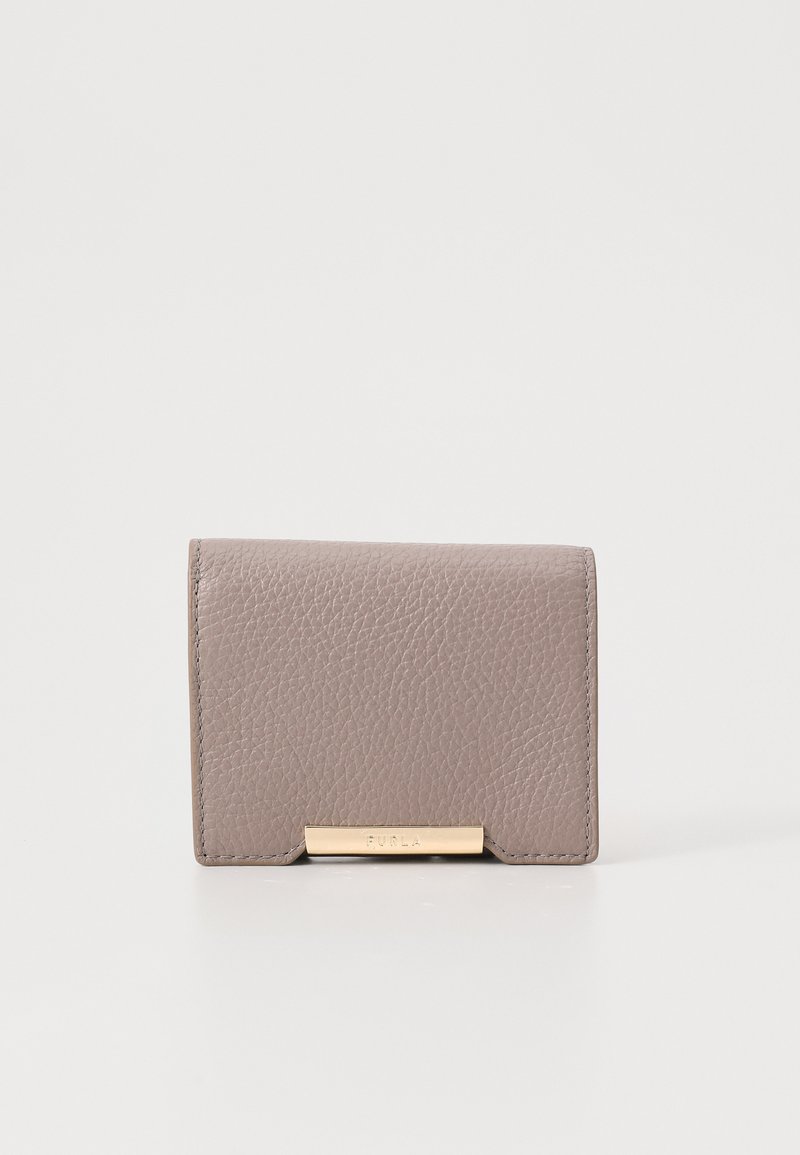 Gray leather wallet with a textured finish, featuring a gold-tone metal clasp and embossed brand name on the front. Compact rectangular shape.