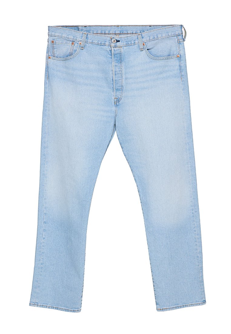 Jean en denim bleu clair, design à jambe droite, style à cinq poches, fermeture à bouton et décoloration subtile sur le devant.