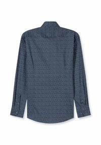 Marineblaue Langarmbluse mit einem geometrischen Muster in Weiß und Hellblau. Mit spitzem Kragen und Knopfmanschetten. Weiche Stoffstruktur.