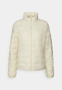 Pufferjack in lichtroom, met een hoge kraag, frontale rits en doorgestikt patroon. Elastische manchetten en rechte zoom.