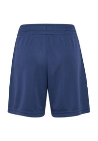 Marineblaue Sportshorts aus leichtem Material, mit einem elastischen Taillenbund und flachen Nähten. Das Design ist einfach ohne zusätzliche Muster.