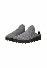 Zapatos de lana gris tipo zuecos con suelas negras texturizadas que presentan un patrón ondulado y un pequeño lazo en el talón negro.