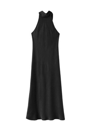 Robe longue noire sans manches avec un col montant et un haut ajusté, légèrement évasée vers l'ourlet.