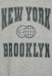 Sivá bavlnená mikina s nápismi "NEW YORK" a "BROOKLYN" v tučnom, tmavom písme. Obsahuje grafiku dvoch basketbalových lobtov a globu.