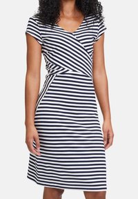 Navy and white striped dress with a V-neck and short sleeves. Made from a soft, stretchy fabric with a fitted waist and flared skirt.
