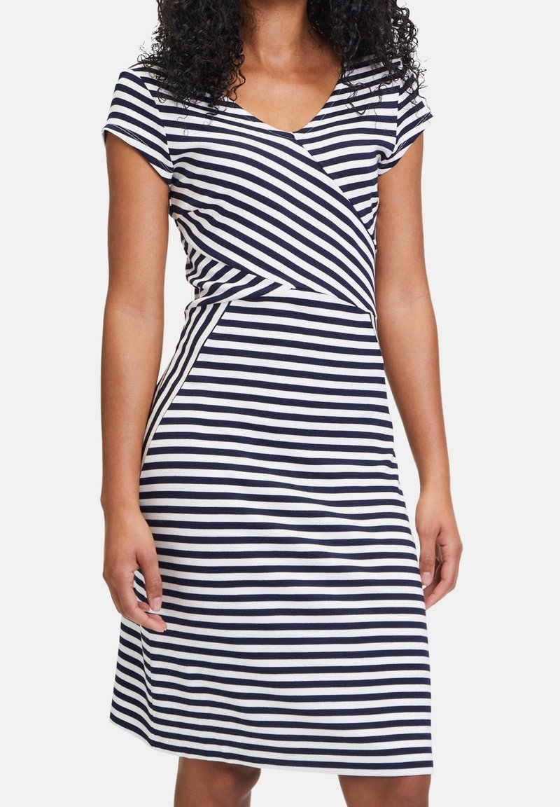 Navy and white striped dress with a V-neck and short sleeves. Made from a soft, stretchy fabric with a fitted waist and flared skirt.