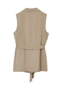 Gilet senza maniche beige con colletto, cintrata in vita, con una texture liscia e un taglio dritto con dettaglio di cravatta sul retro.