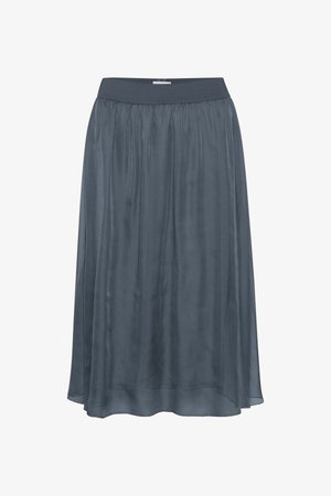 En flydende, ankel-lang nederdel i en mørkeblå nuance, lavet af letvægts, semi-gennemsigtigt stof med en elastisk talje og plisseret design.