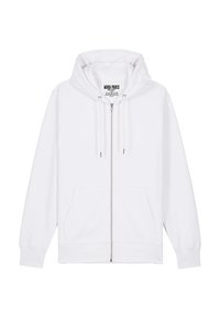 Felpa bianca con zip, dotata di un ampio cappuccio, tasche frontali e lacci. Realizzata in tessuto morbido con una superficie liscia.