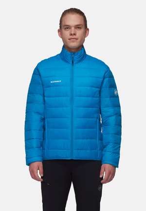 Blue padded jacket with a high collar and front zipper. Notable details include a logo on the chest and a smooth, shiny texture.