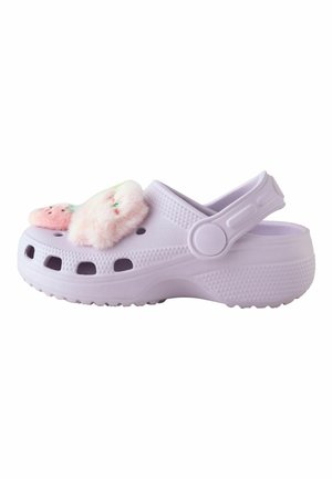 Light purple slip-on clog with vent holes and pink fluffy heart-shaped accessory on top, featuring an adjustable heel strap.