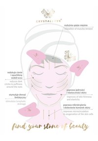 Outil facial rose à surface lisse, arborant un élégant logo doré. Des annotations textuelles décrivent les bienfaits pour la peau et les zones d'application en beauté.