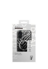 Przezroczyste etui na iPhone 16 z czarno-srebrnym wzorem w paski zebry, przezroczyste tło, kompatybilne z MagSafe, wykonane z materiałów z recyklingu.