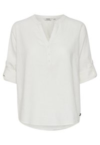 Camicia bianca in lino con patta dei bottoni, maniche corte arrotolate e orlo curvo. Presenta una texture sottile e un marchio sul lato.