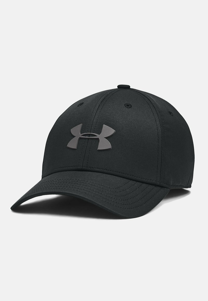 Black baseball cap made of smooth fabric, featuring a solid color, a rounded crown, and a front logo in a darker shade.