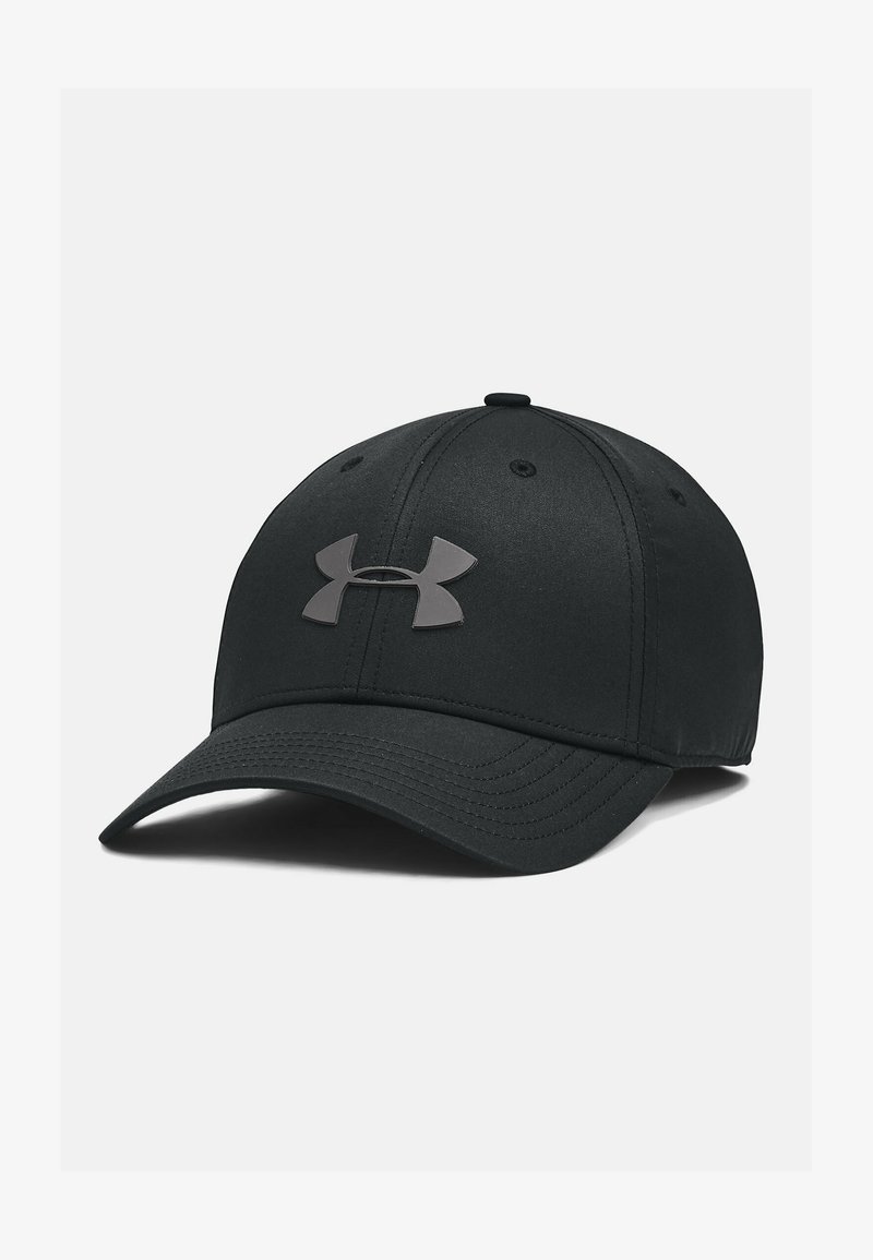 Black baseball cap made of smooth fabric, featuring a solid color, a rounded crown, and a front logo in a darker shade.