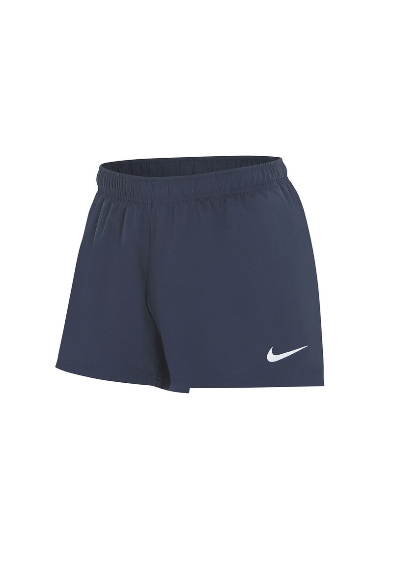 Marineblaue Sportshorts mit elastischem Bund, ausgestattet mit einem weißen Nike-Logo auf der linken Seite und einem lockeren Schnitt.