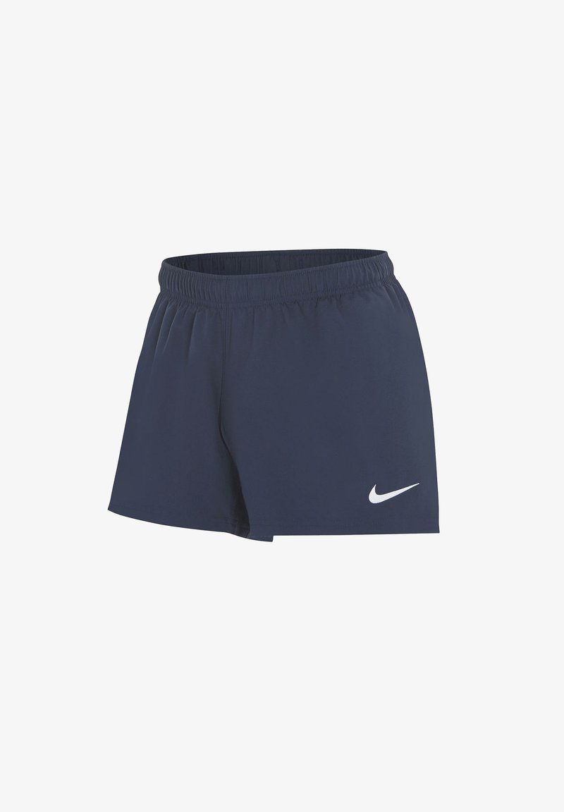 Marineblaue Sportshorts mit elastischem Bund, ausgestattet mit einem weißen Nike-Logo auf der linken Seite und einem lockeren Schnitt.