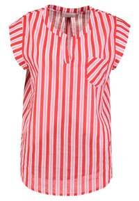 Punavalkoraidallinen lyhythihainen pusero V-kaula-aukkolla ja paikkataskulla. Valmistettu kevyestä kankaasta, rento istuvuus ja suora helma.