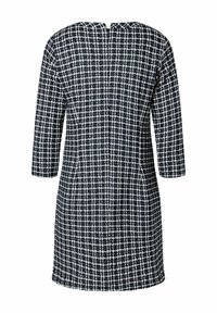 Marineblau-weiß kariertes Kleid mit dreiviertel langen Ärmeln, geradem Schnitt und rundem Ausschnitt; strukturierter Stoff mit einer strukturierten Optik.