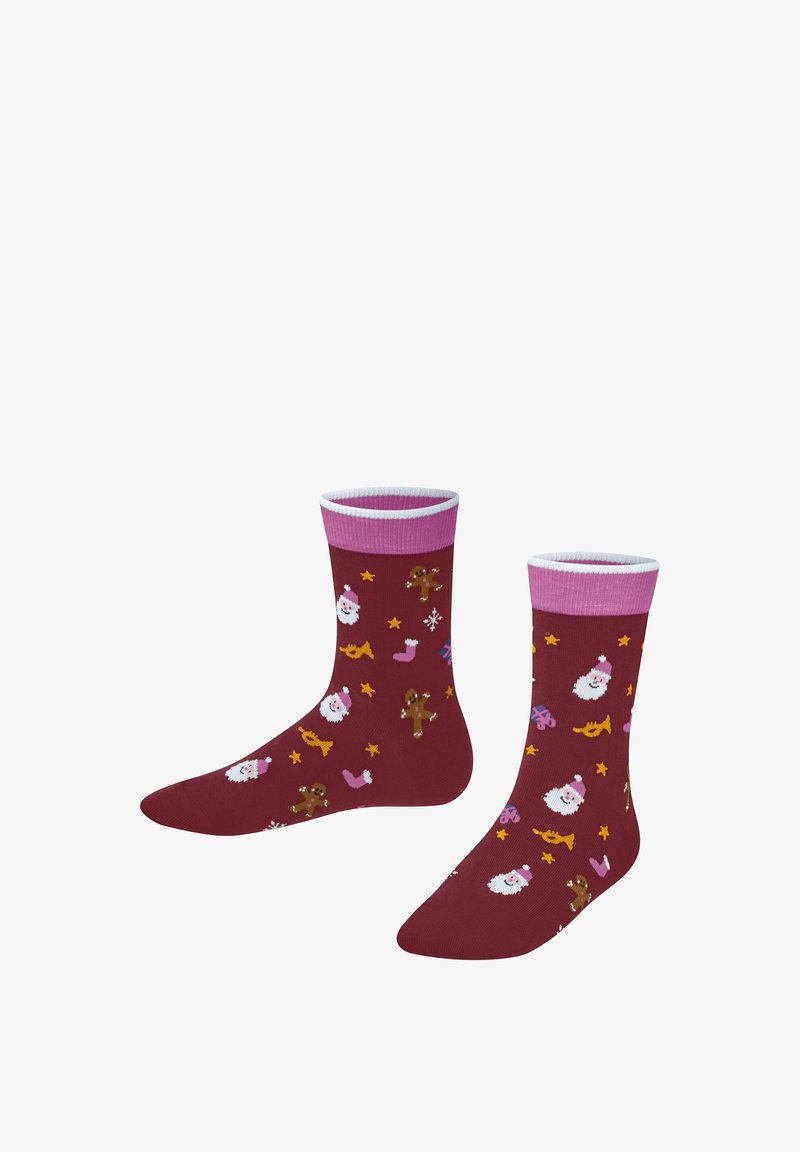 Bordowe skarpetki z różowymi mankietami, ozdobione świątecznymi wzorami, w tym Świętym Mikołajem, ludzikami piernikowymi, gwiazdkami i ikonami bożonarodzeniowymi.