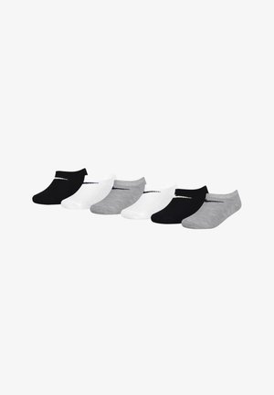 Six paires de chaussettes invisibles en noir, blanc et gris. Caractéristiques d'une texture lisse et d'un logo contrastant dans un design simple et minimaliste.
